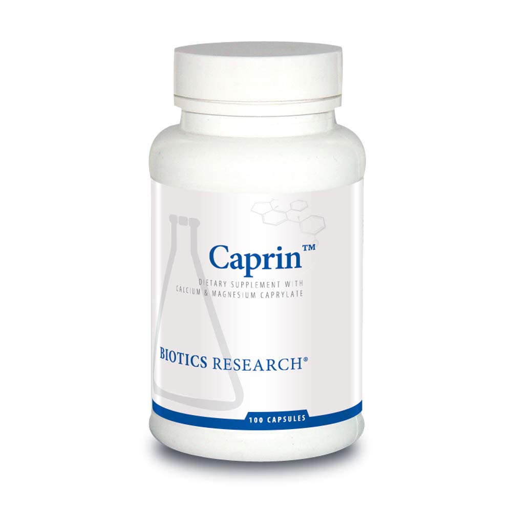 BIOTICS RESEARCH Caprin ácido caprílico, botella frontal, posible apoyo al equilibrio intestinal.