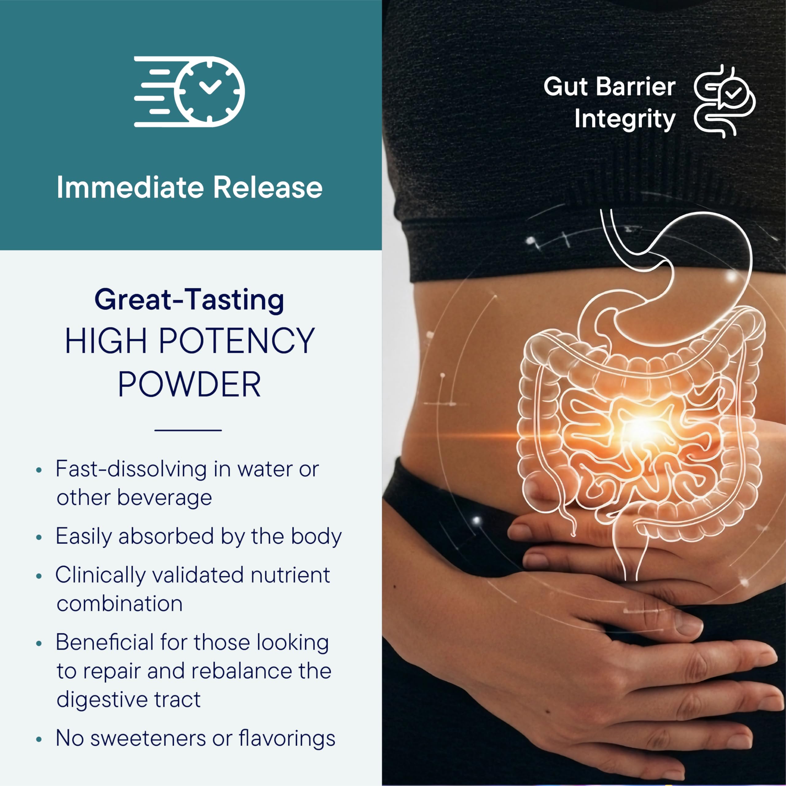 GI Resolve, detalle de etiqueta, muestra ingredientes clave para mucosa intestinal