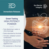 GI Resolve, detalle de etiqueta, muestra ingredientes clave para mucosa intestinal