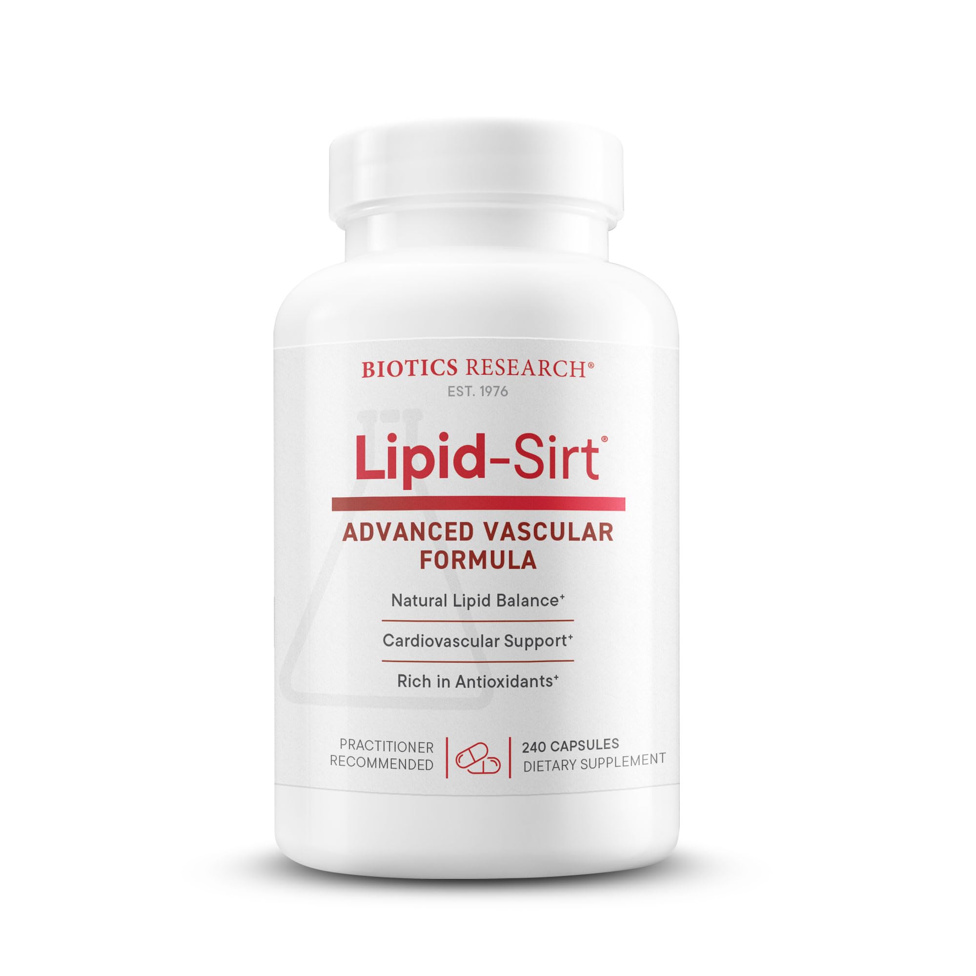 Biotics Lipid SIRT en botella mostrando el formato de cápsulas y la marca.