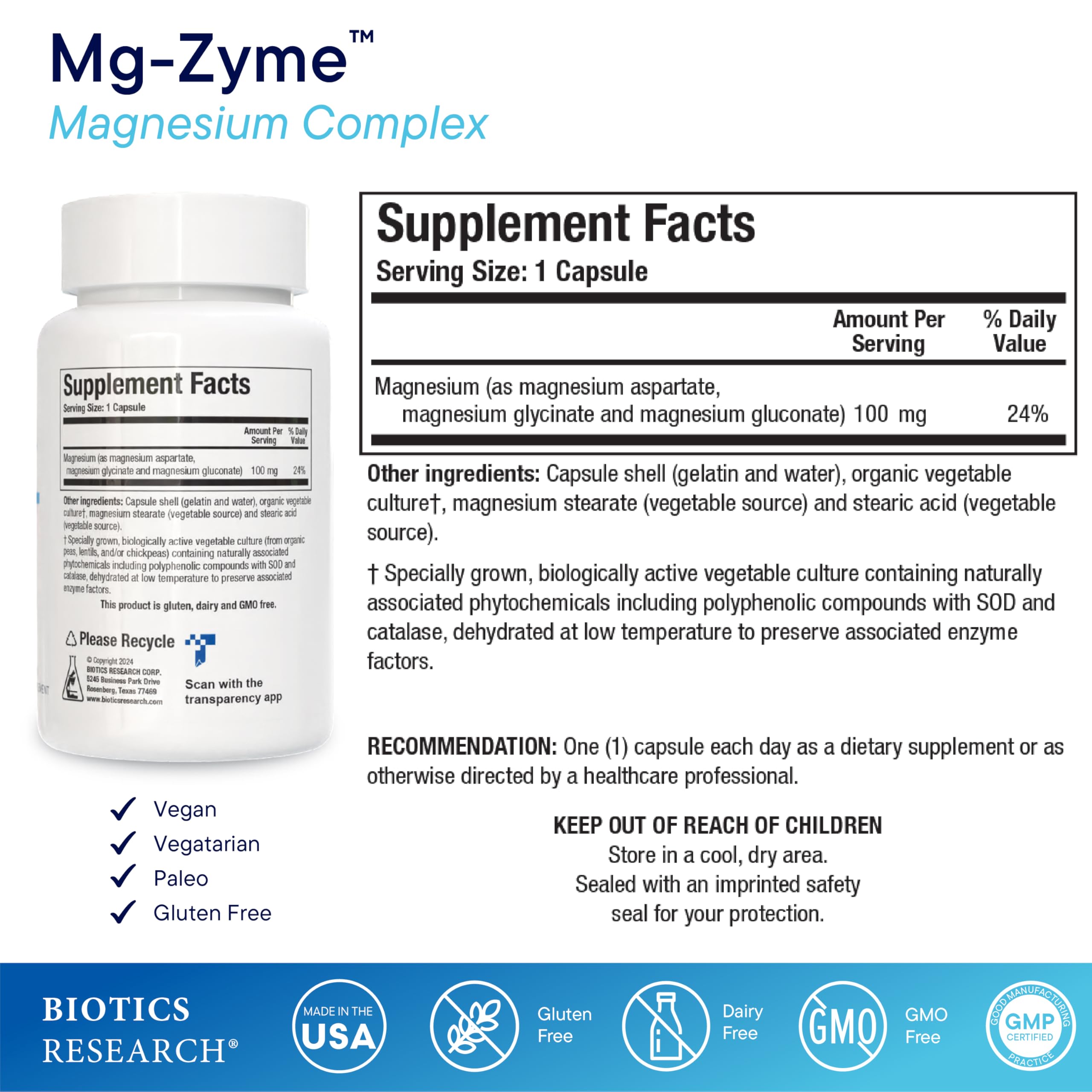 Mg-Zyme: etiqueta frontal destaca absorción alta y fórmula quelada