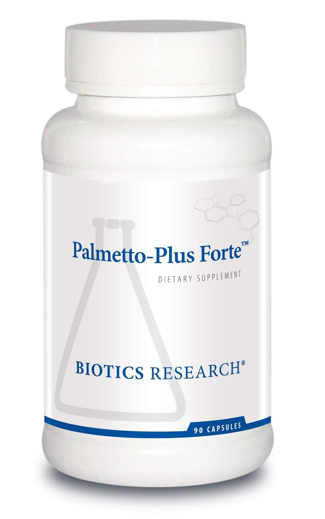 Biotics Research Palmetto Plus Forte, botella: soporte diario para la salud masculina y bienestar.