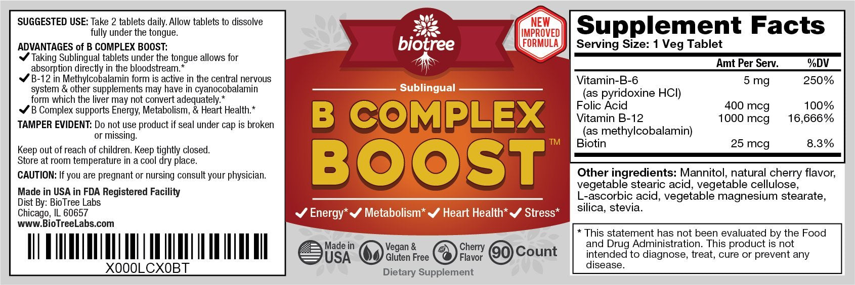 BioTree Labs B12 sublingual sabor cereza para energía sostenida sin cafeína.