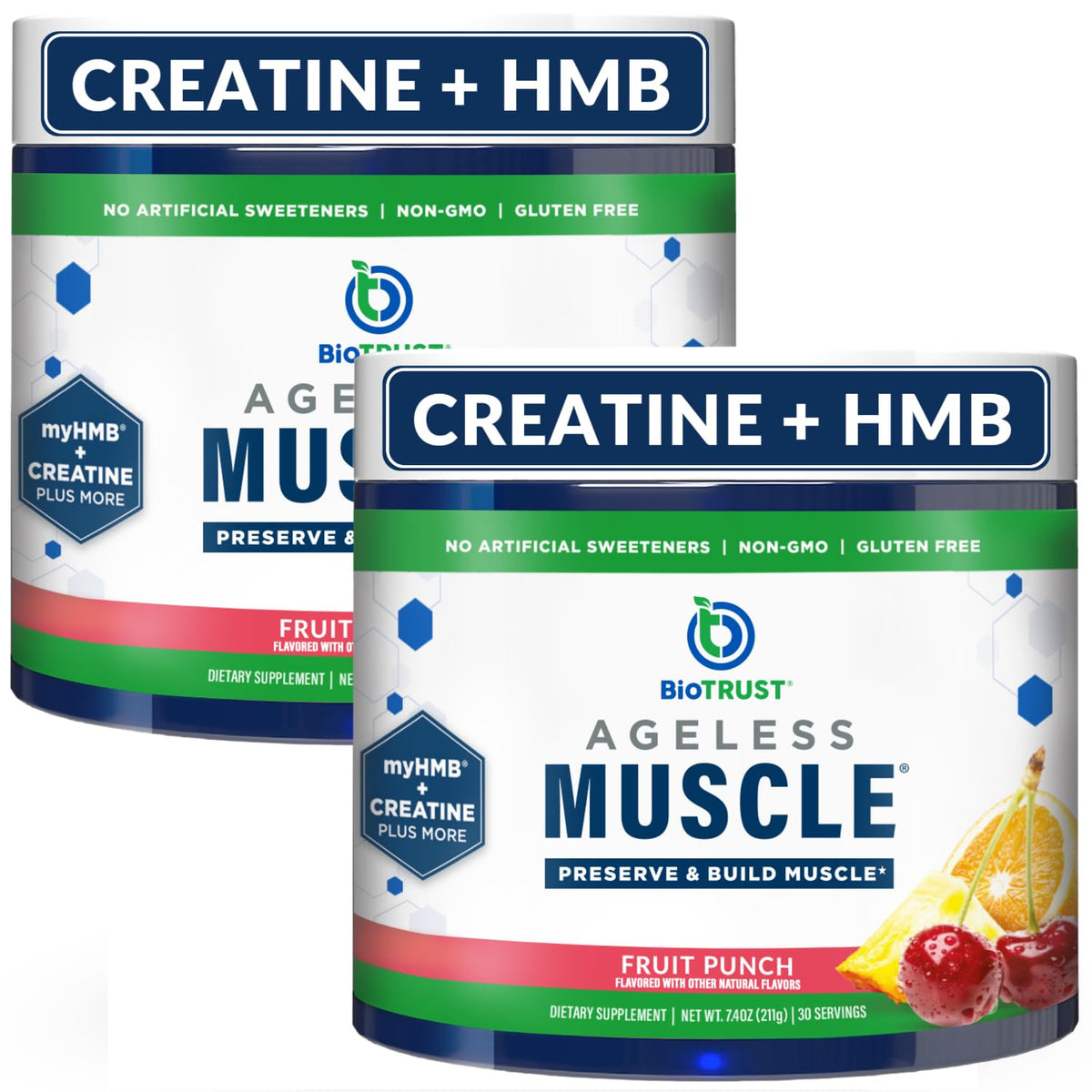 BioTrust Ageless Muscle frasco sabor fruta para apoyar la rutina diaria