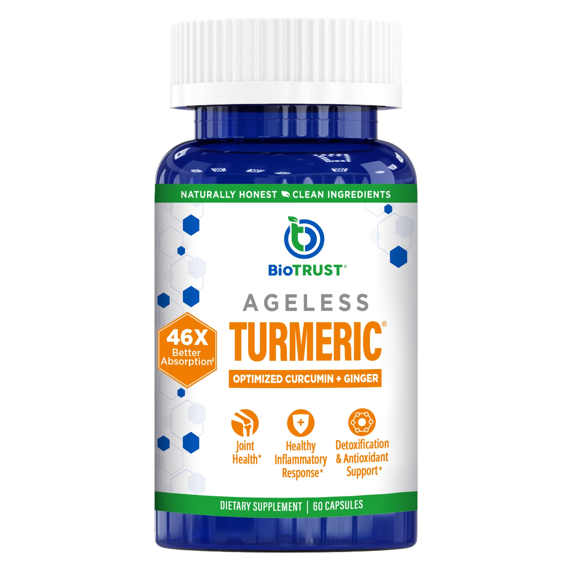 BioTrust Ageless Turmeric en botella, fácil de tomar para apoyo antioxidante diario.