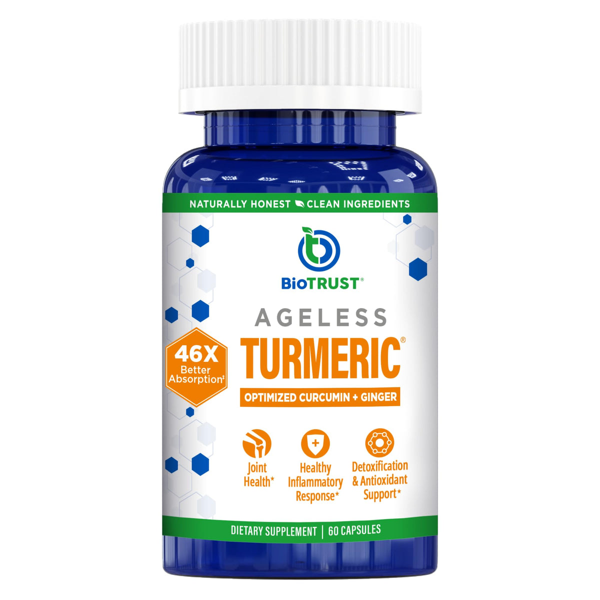 BioTrust Ageless Turmeric en botella, fácil de tomar para apoyo antioxidante diario.