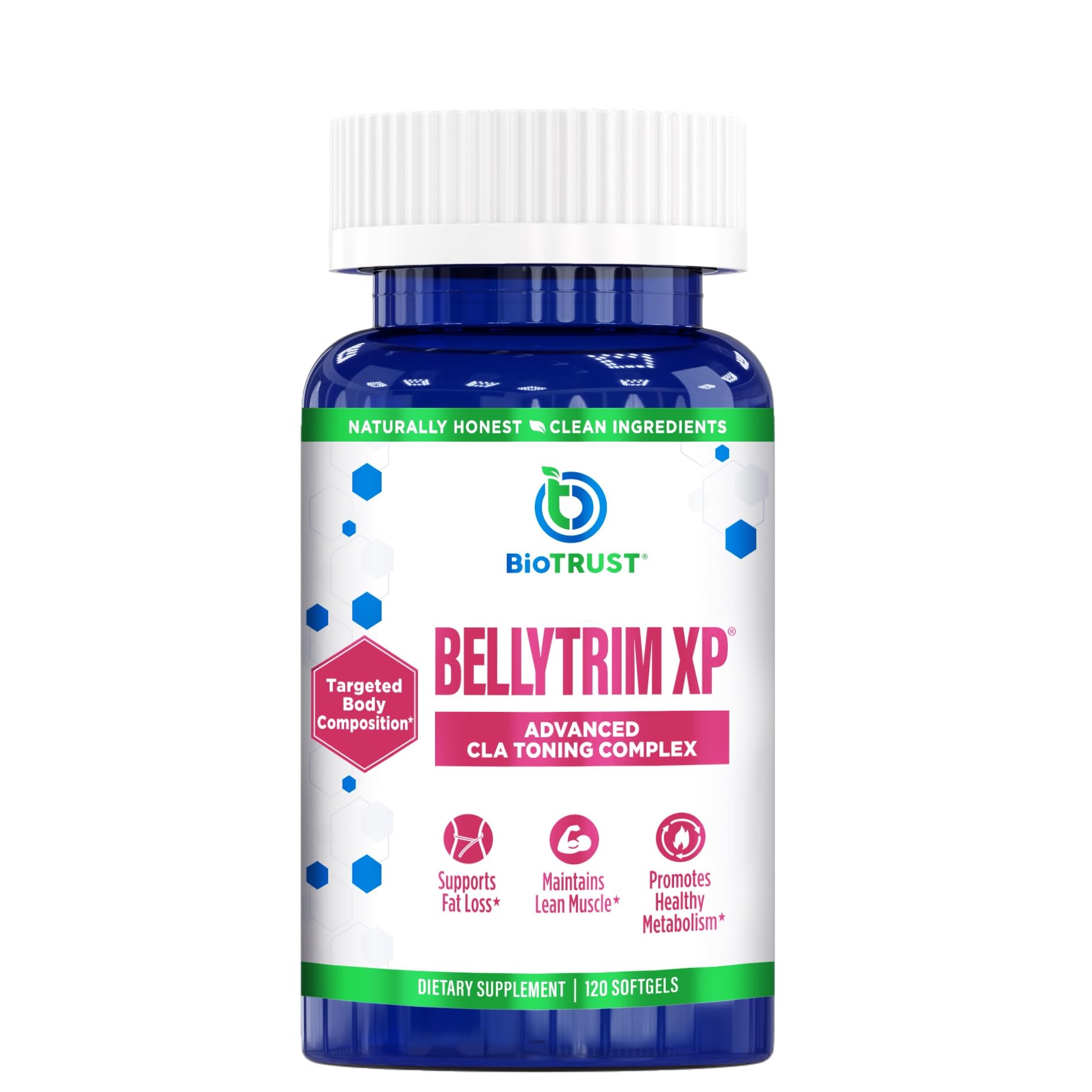 BioTrust BellyTrim XP, botella en primer plano, apoyo para metas de peso saludables y consistentes.