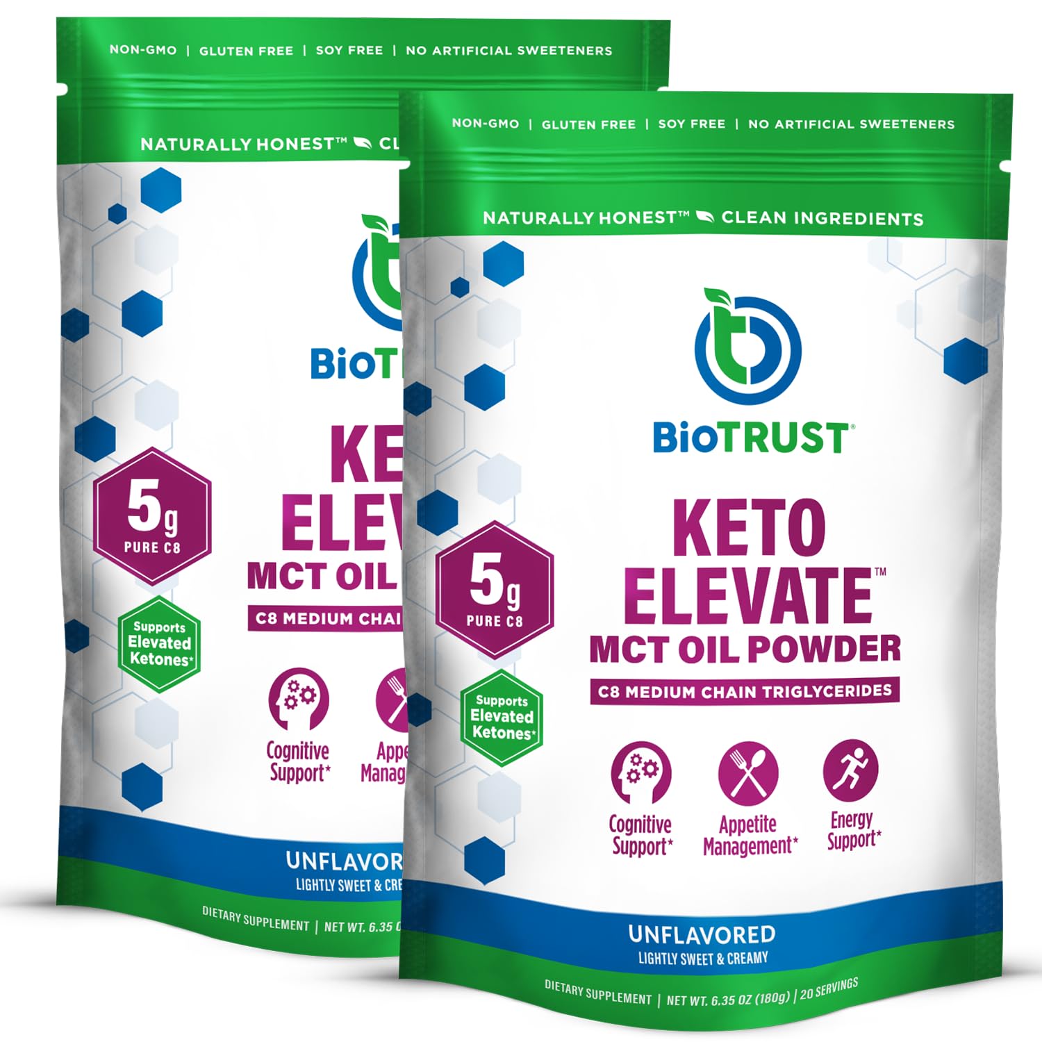 BioTrust Keto Elevate: polvo MCT C8 en taza para energía sostenida y claridad.