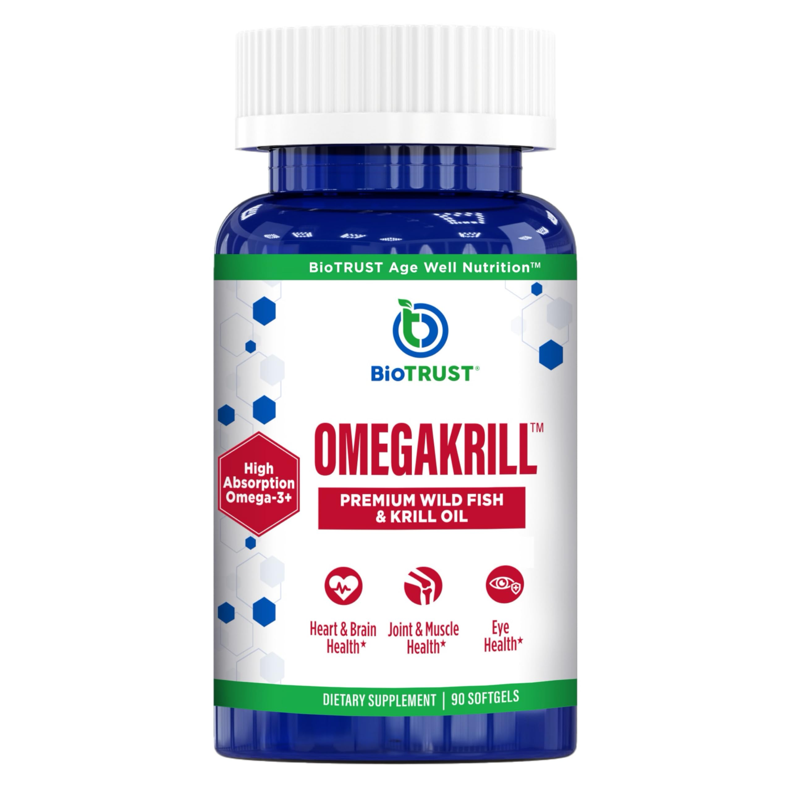 BioTrust OmegaKrill, botella de cápsulas, posible apoyo a articulaciones y corazón.