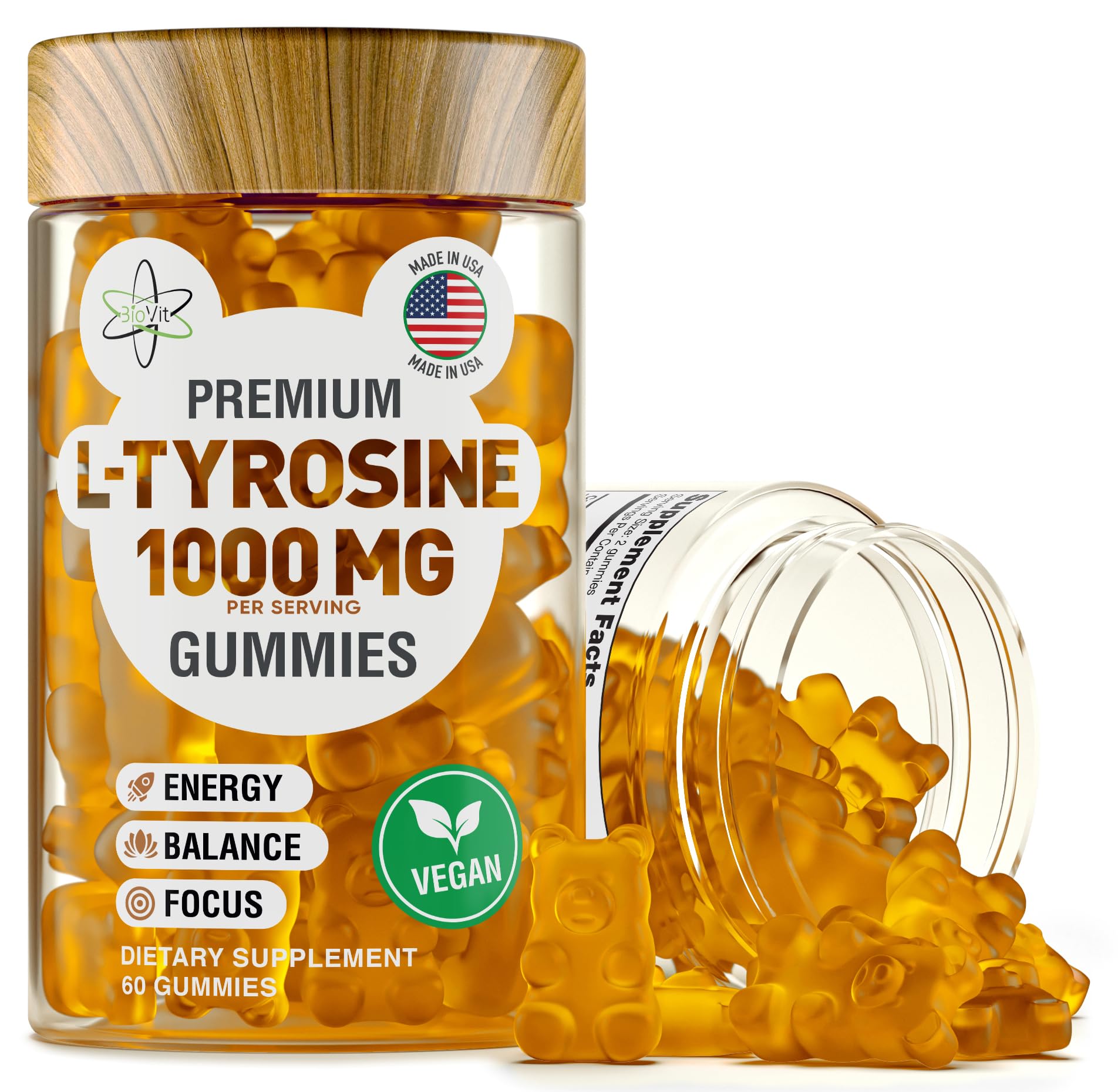 BioVit L-Tirosina gomitas en frasco, formato vegano y práctico