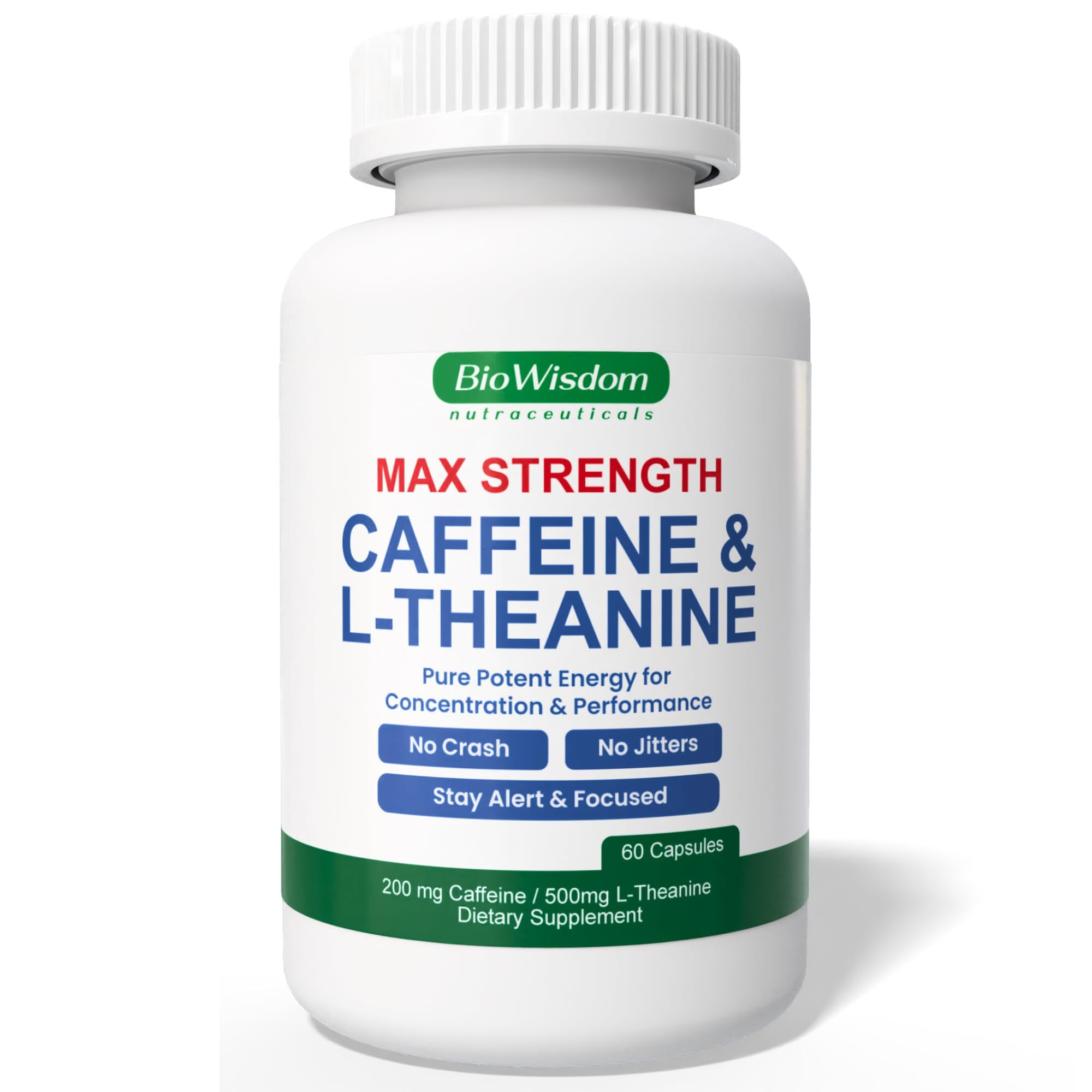 BioWisdom Fuerza Máxima: botella de cafeína y L-teanina para energía sostenida sin nervios.