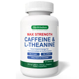 BioWisdom Fuerza Máxima: botella de cafeína y L-teanina para energía sostenida sin nervios.