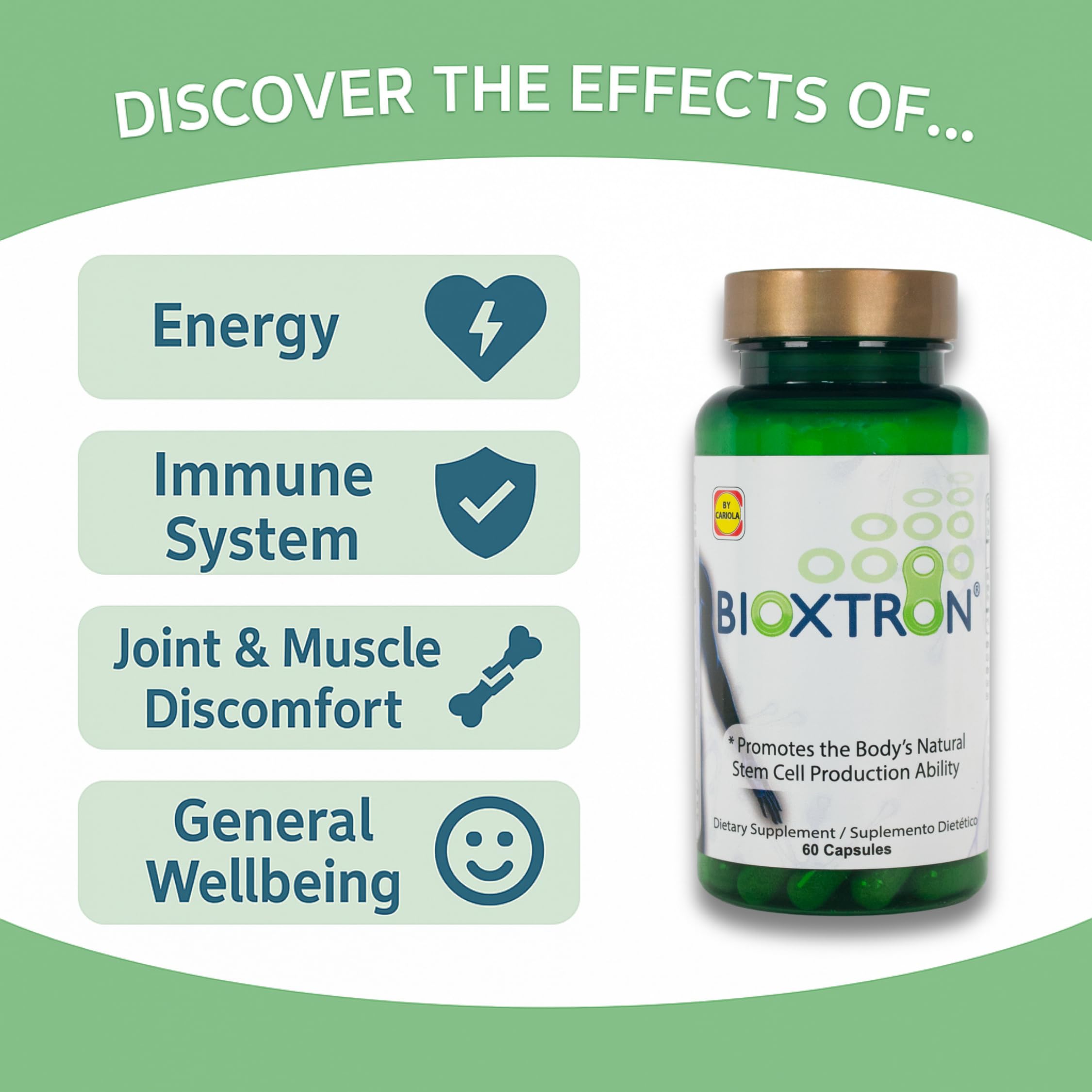 Bioxtron cápsulas dentro de la botella, consumo diario recomendado con comidas.