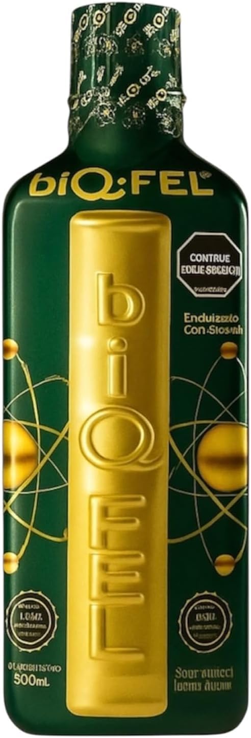 biQ-FEL multivitamínico líquido, botella vertical para energía sostenida durante el día.