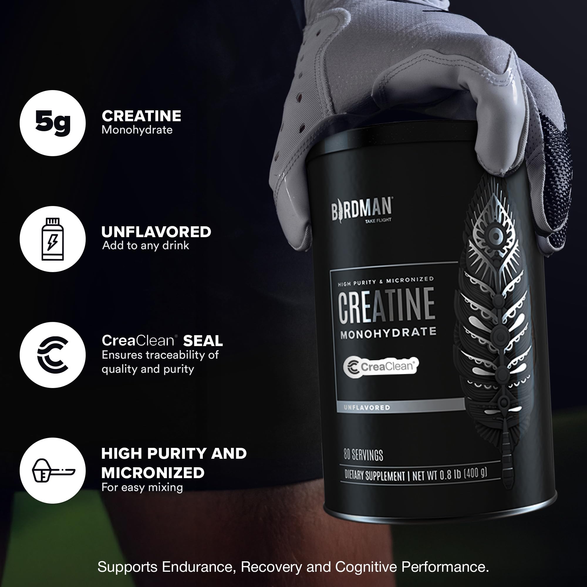 Birdman creatina micronizada en polvo en mezclador para entrenamientos.