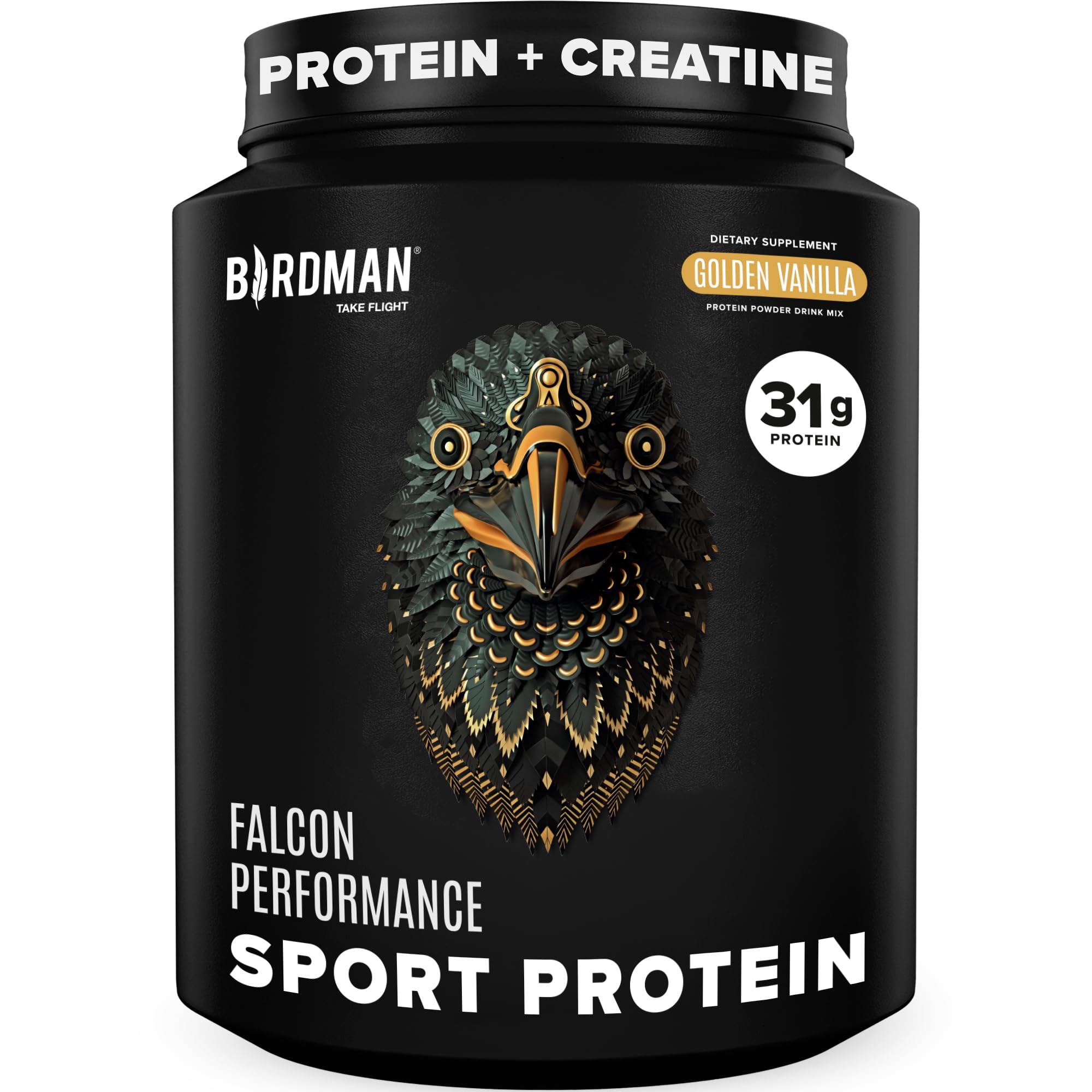 Envase de BIRDMAN Falcon con proteína vegana vainilla para entrenamientos