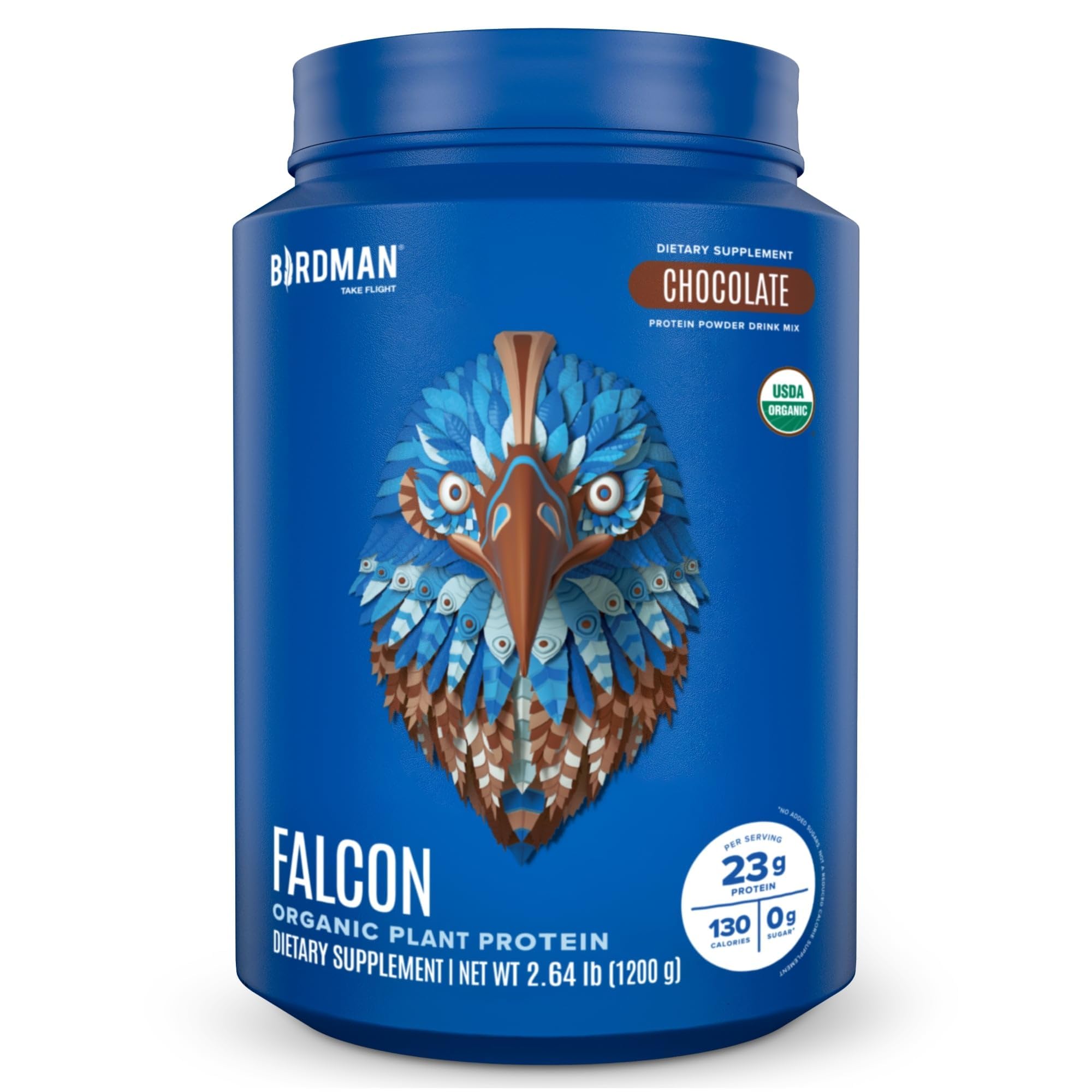 Birdman Falcon Proteína Vegana en envase, sabor chocolate, listo para batidos.