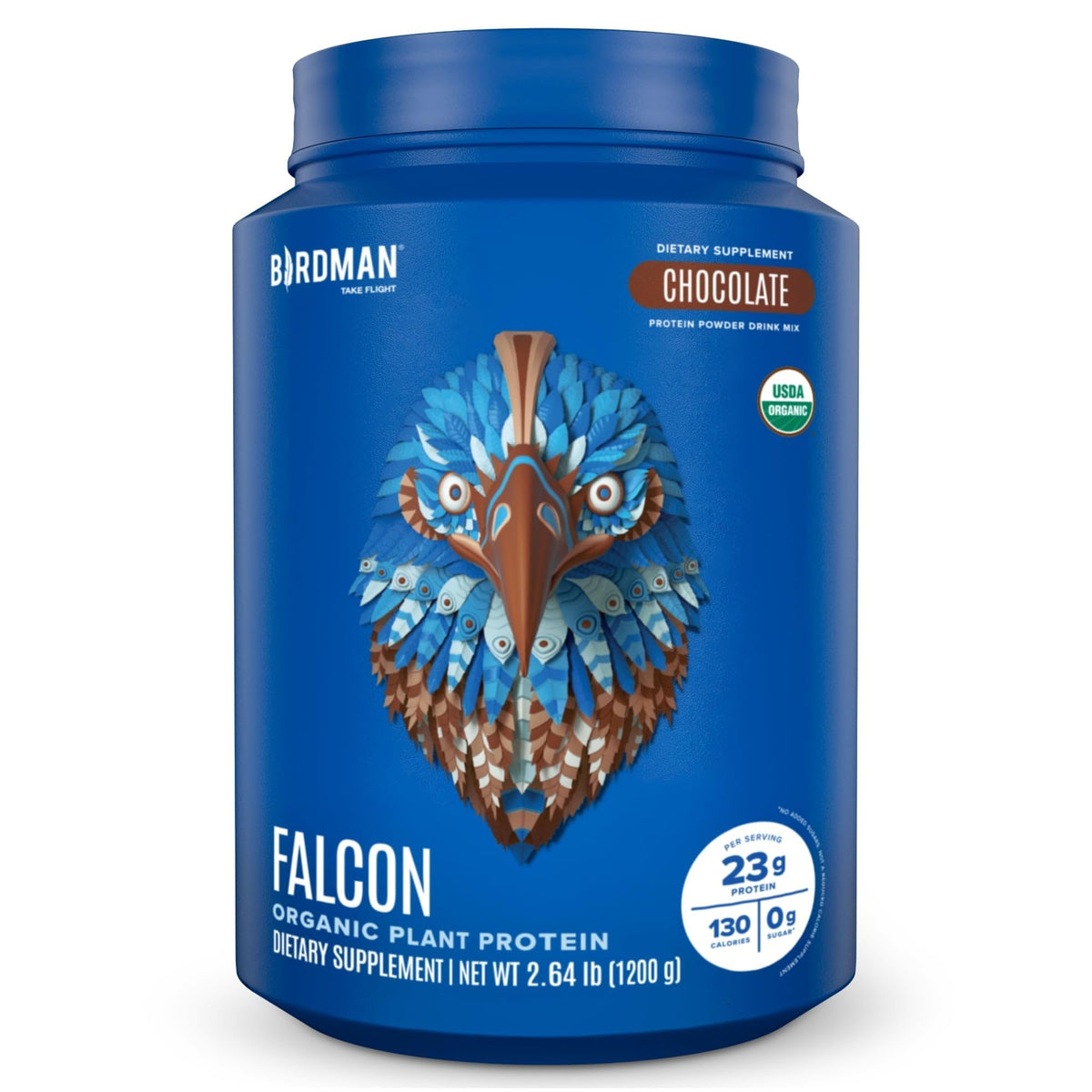 Birdman Falcon Proteína Vegana en envase, sabor chocolate, listo para batidos.