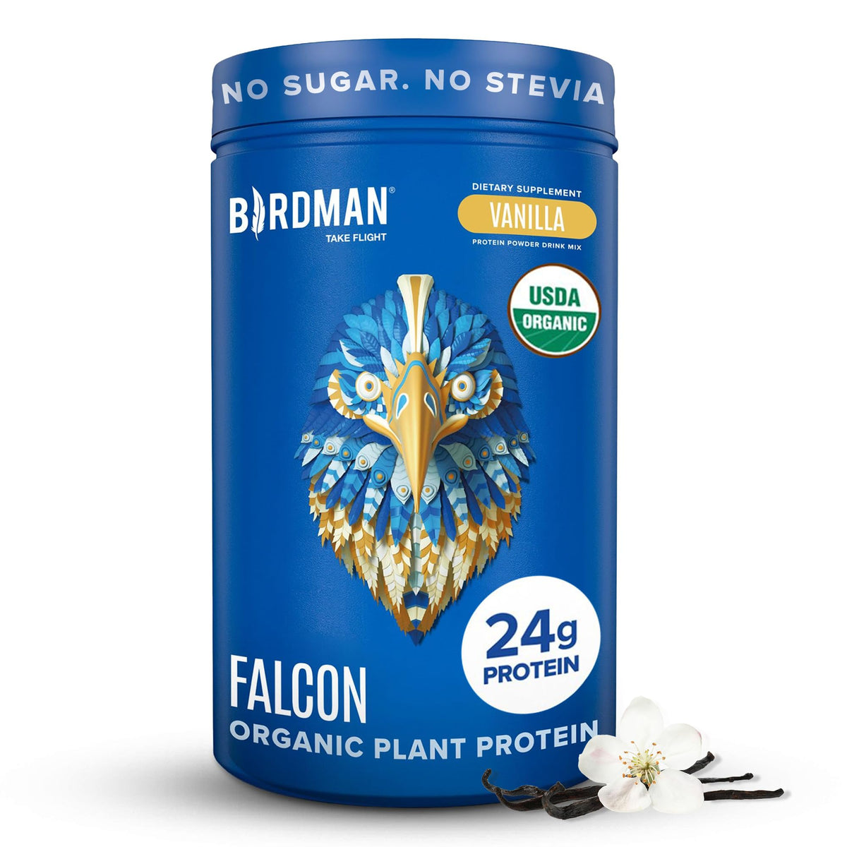 BIRDMAN Falcon proteína vegana vainilla en empaque, lista para iniciar tu día.
