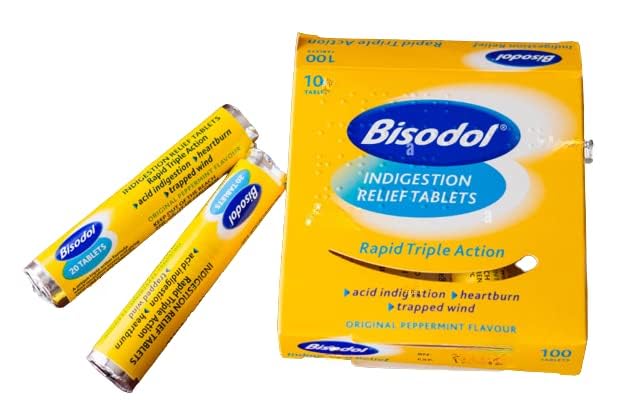 Bisodol, tableta individual con sabor a menta, alivio rápido tras comidas.