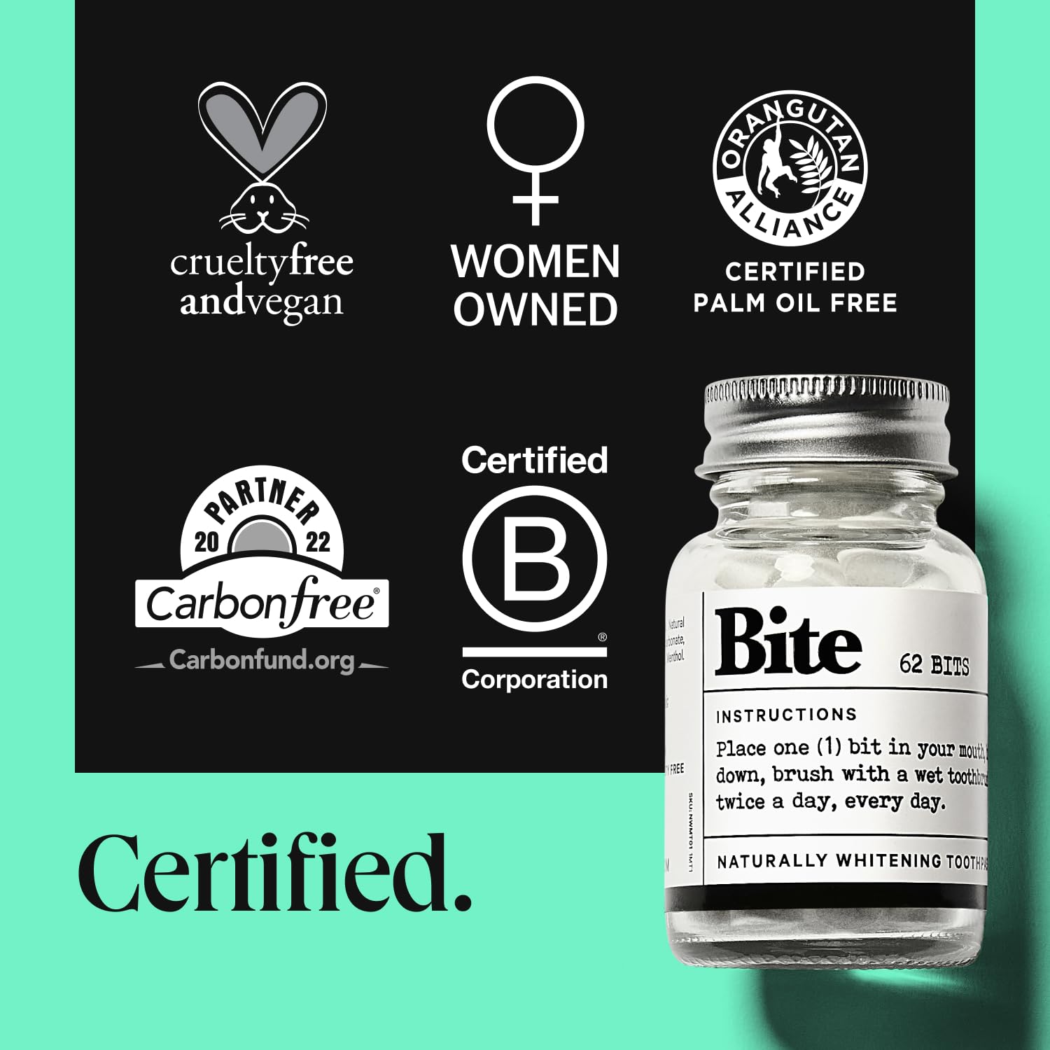 Tabletas dentales Bite veganas y cruelty-free para la familia.