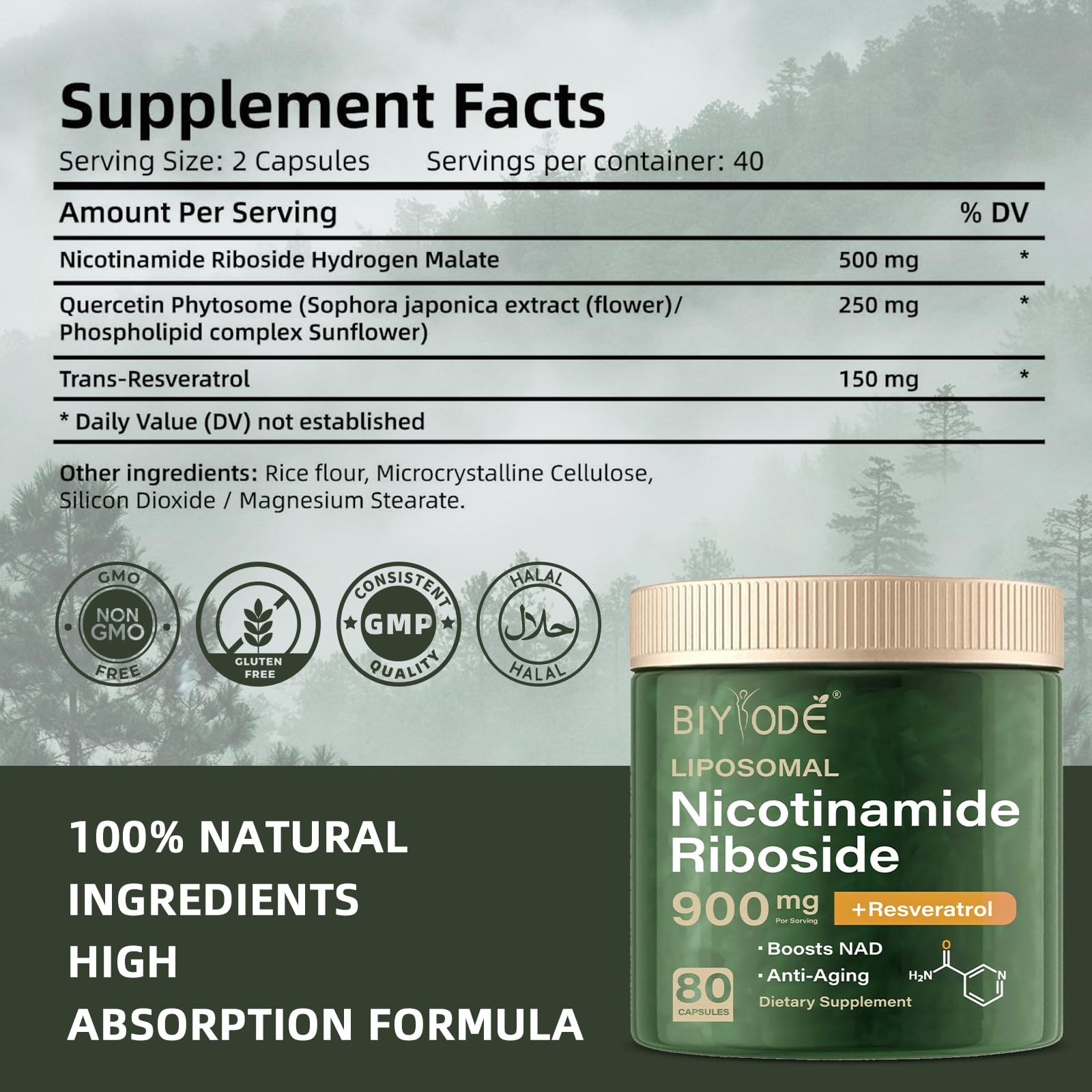 BIYODE NAD: etiqueta frontal con NR y quercetina para claridad.