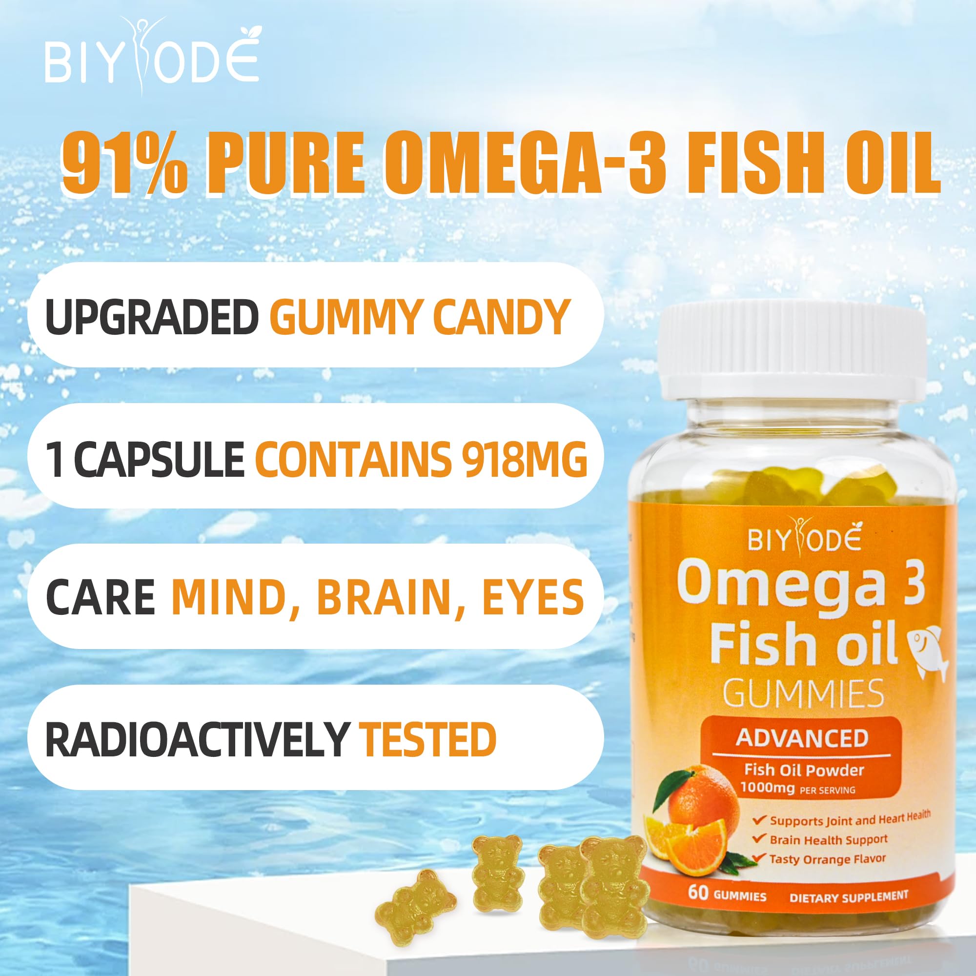 BIYODE Omega-3 gomitas para ojos y piel, apoyo diario natural.