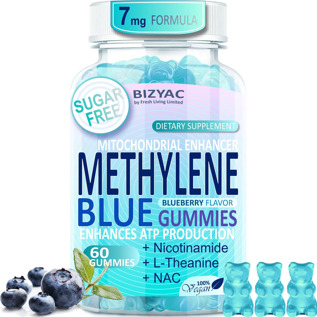 Bizyac gomitas metileno azul 7mg – frente, energía mental sostenida.