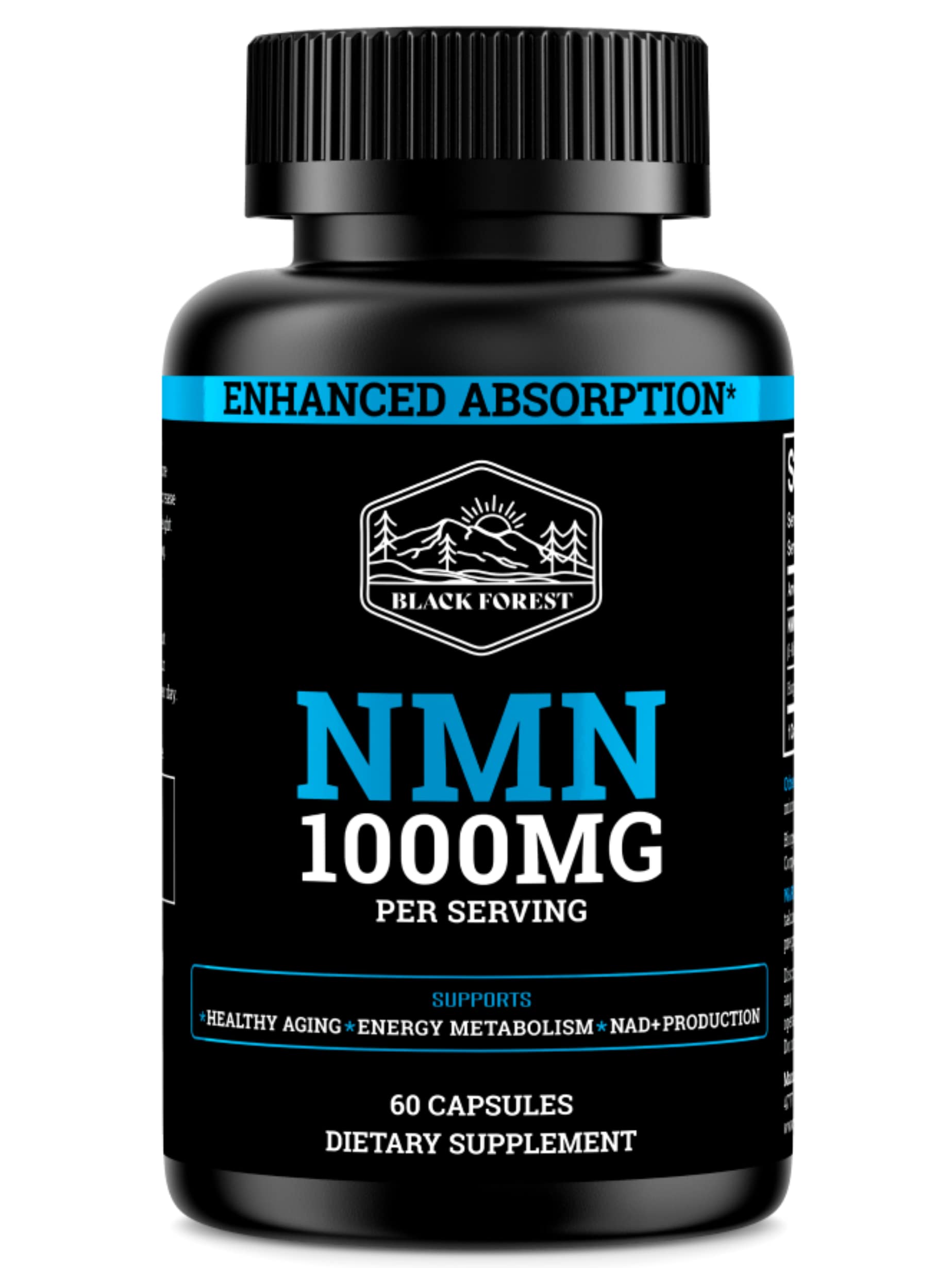Botella Black Forest NMN 1000mg, vista frontal para uso diario.
