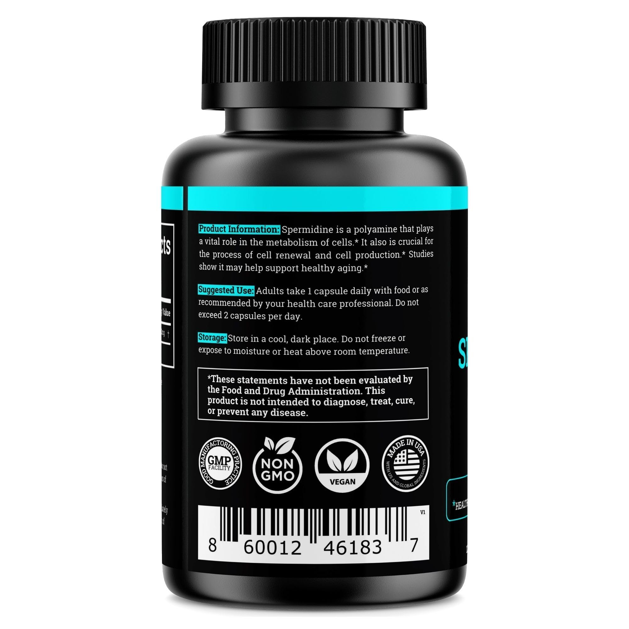 Botella Black Forest Spermidina en mesa, etiqueta visible para compra consciente.