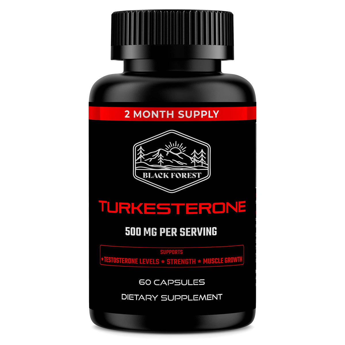 Black Forest Turkesterone: botella de cápsulas para apoyo muscular potencial.