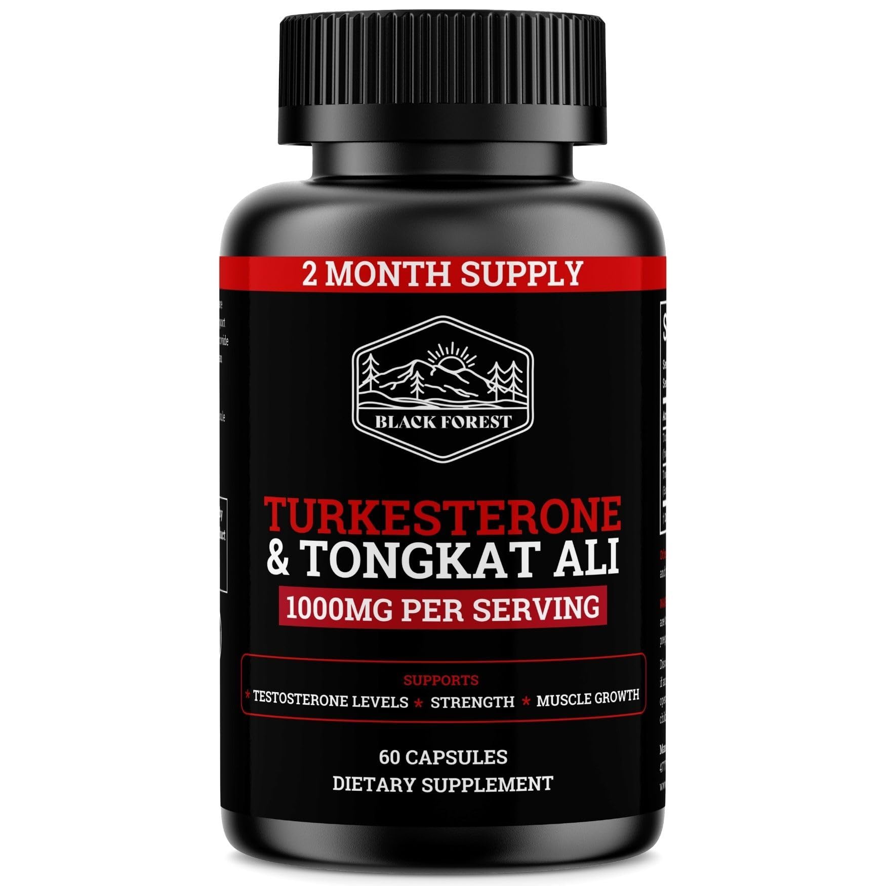 Black Forest Turkesterone con Tongkat Ali en botella de 120 cápsulas para uso diario.