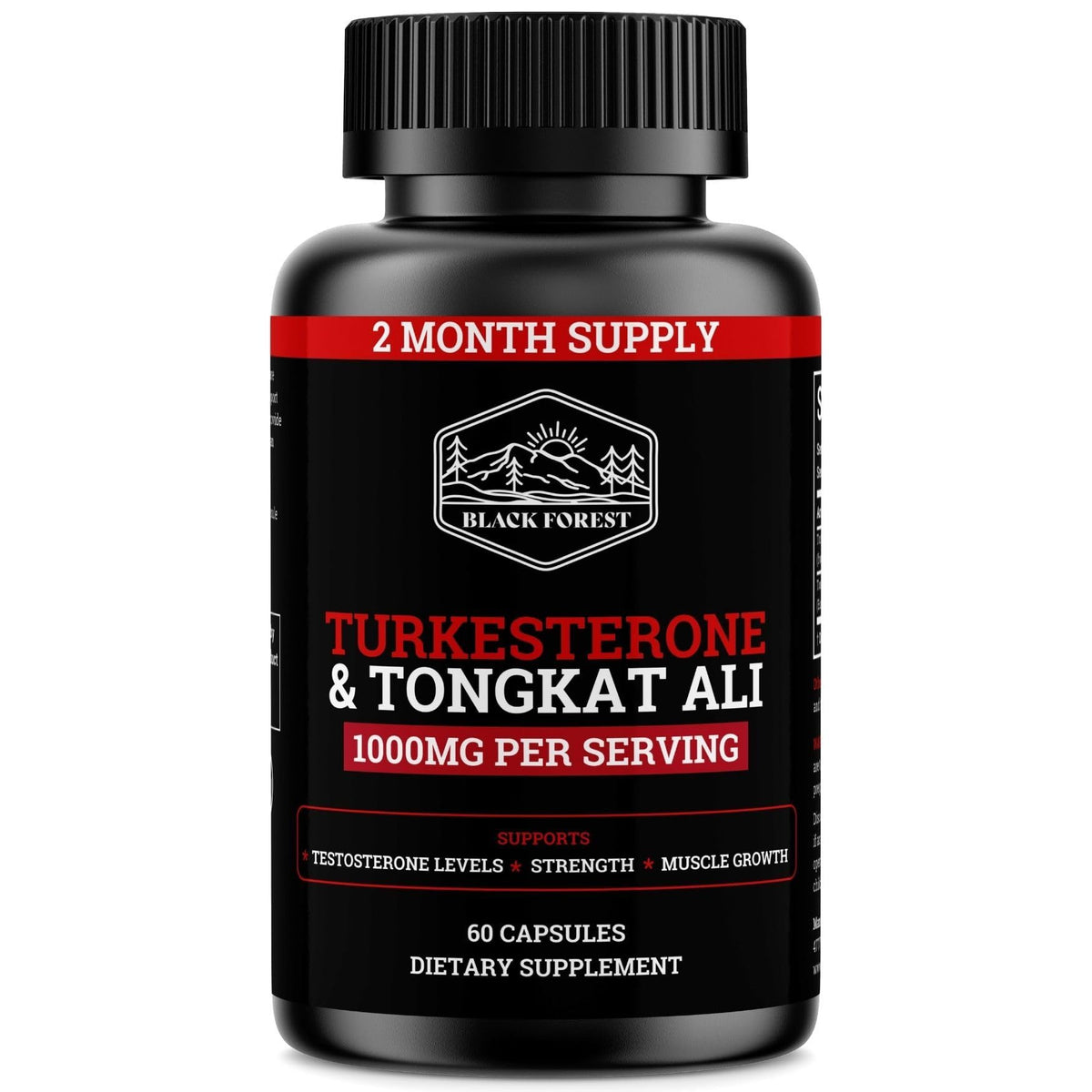 Black Forest Turkesterone con Tongkat Ali en botella de 120 cápsulas para uso diario.