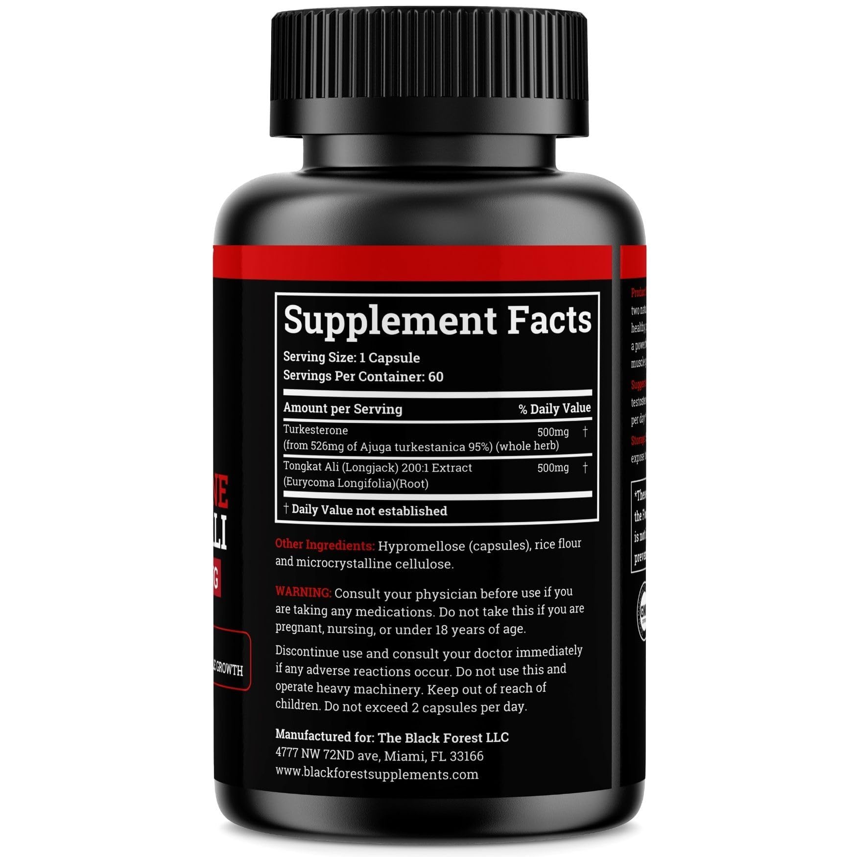 Cápsula de Black Forest Turkesterone con Tongkat Ali para consumo diario.