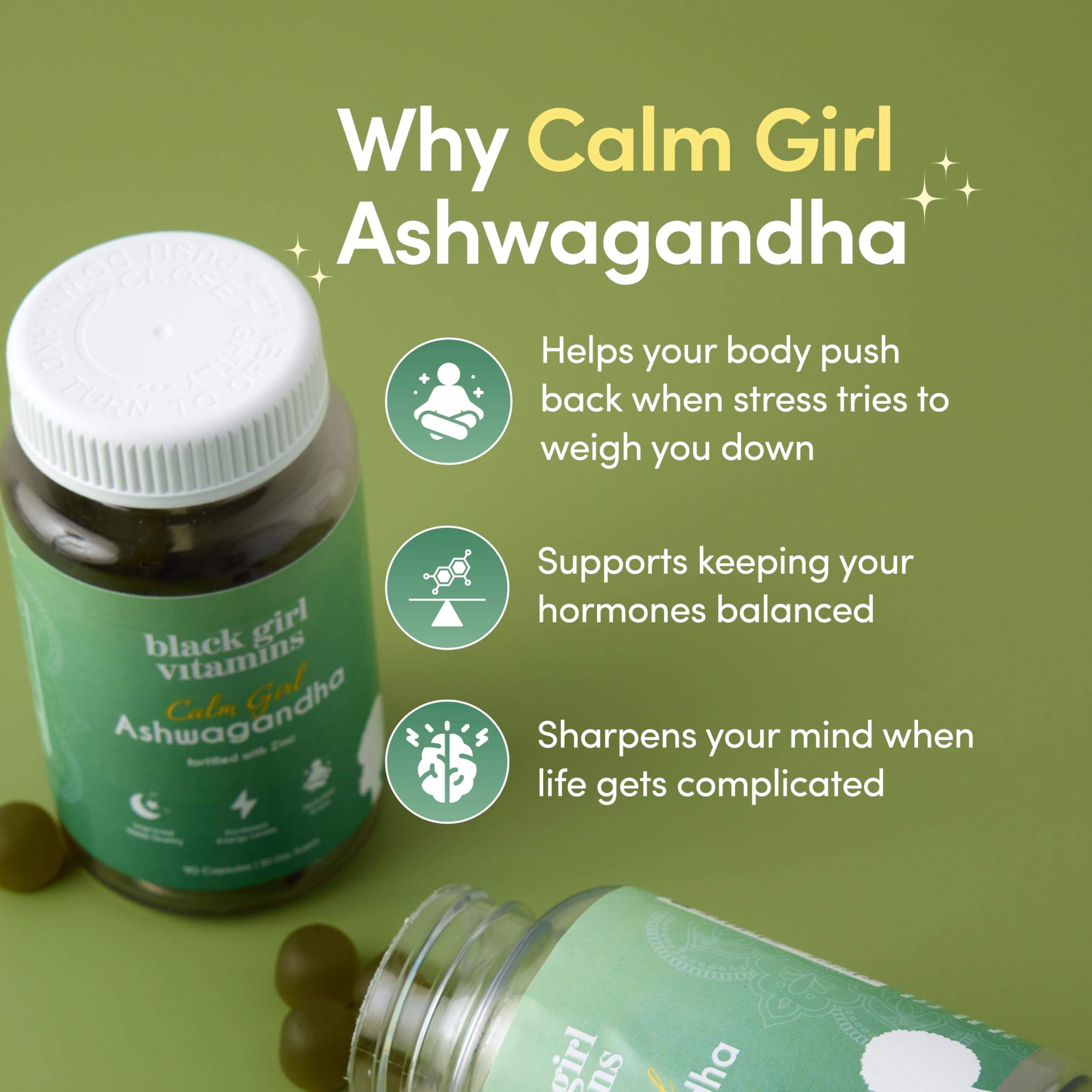 Black Girl Vitamins Calm Girl etiqueta visible, ayuda a la concentración diaria.