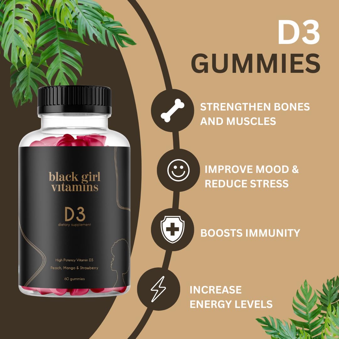 Black Girl Vitamins D3 gomitas en botella, fuente conveniente para energía diaria.