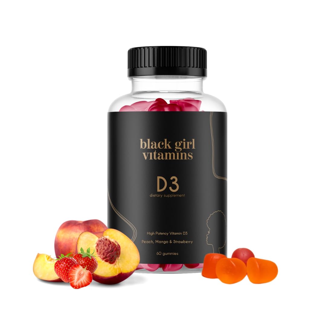 Black Girl Vitamins D3 gomitas frente del empaque, apoyo diario cómodo.