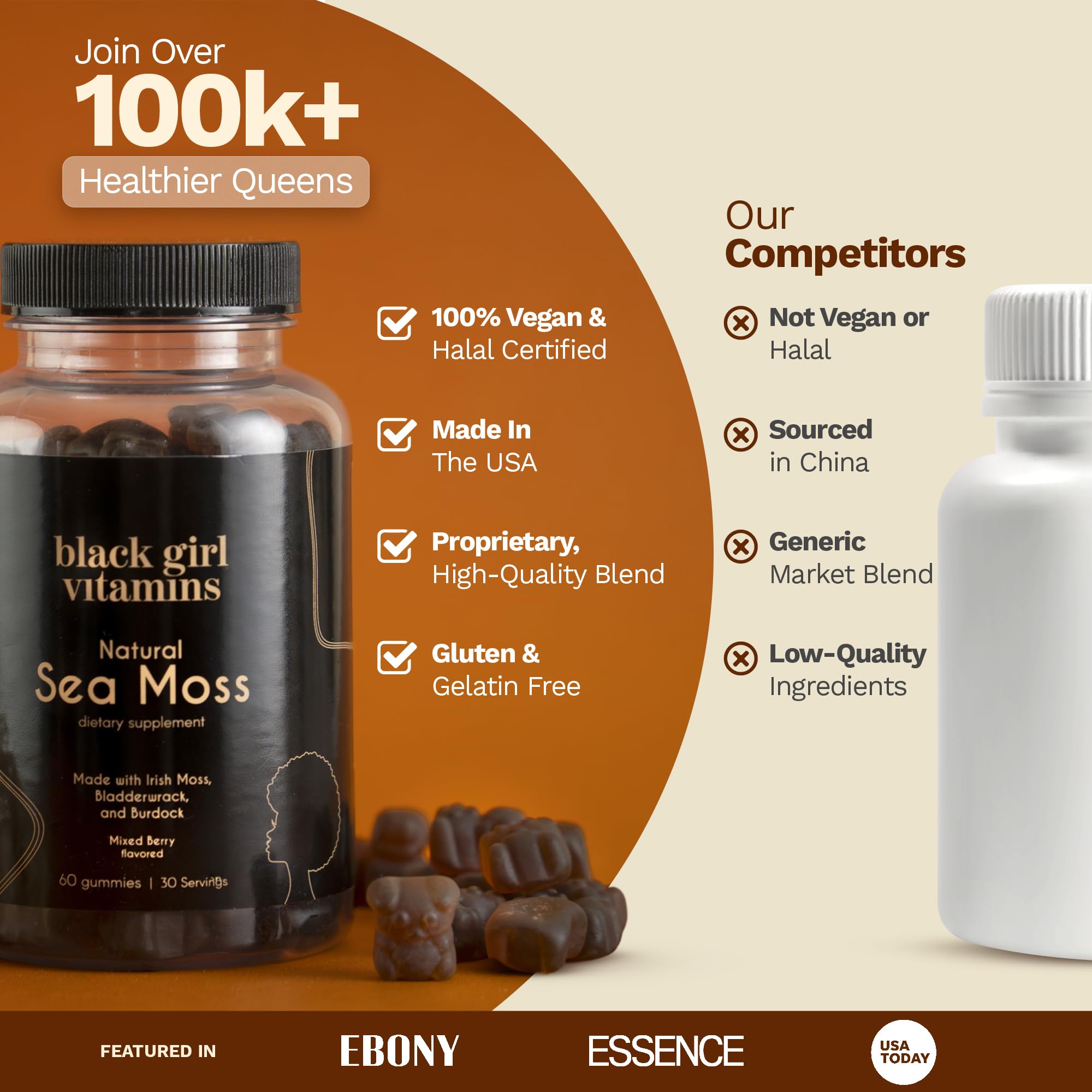 Etiqueta Black Girl Vitamins: vegana, halal y sin gluten.