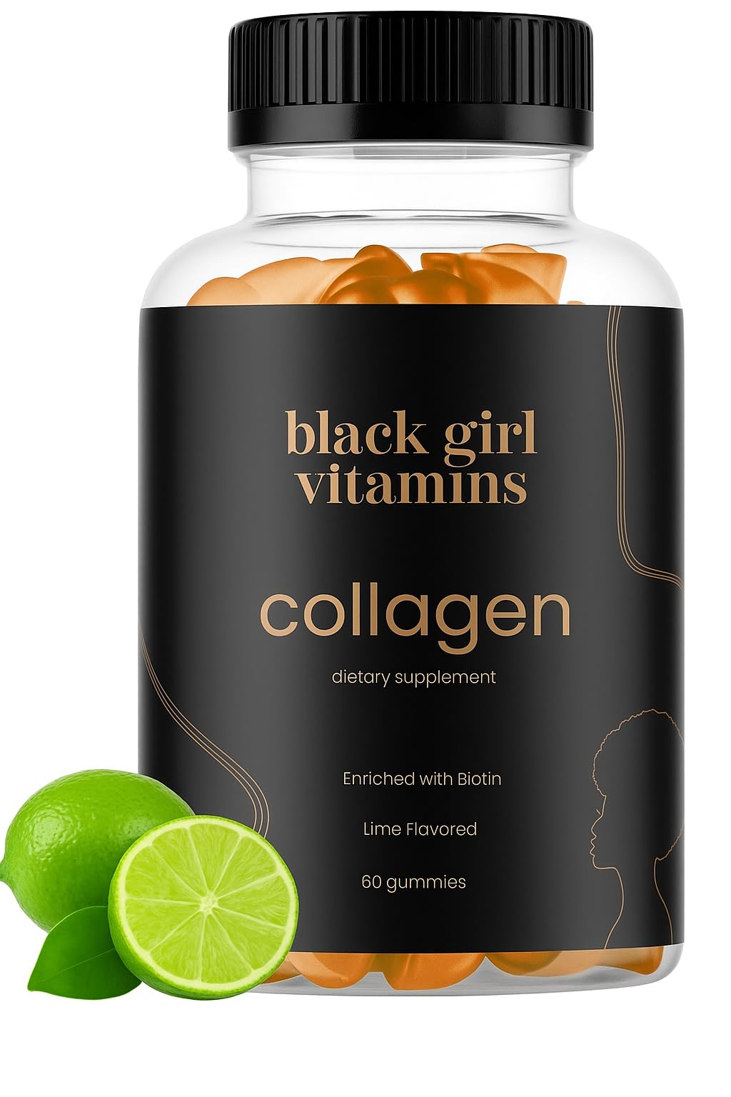 Gomitas de colágeno Black Girl Vitamins en botella, sabor lima, posible apoyo para cabello y piel.