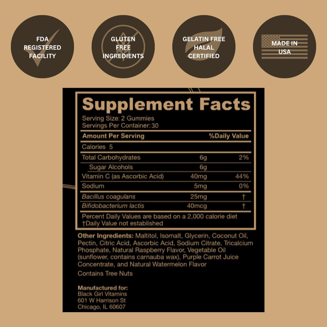 Black Girl Vitamins gomitas probióticas fortalecen la inmunidad y el bienestar.