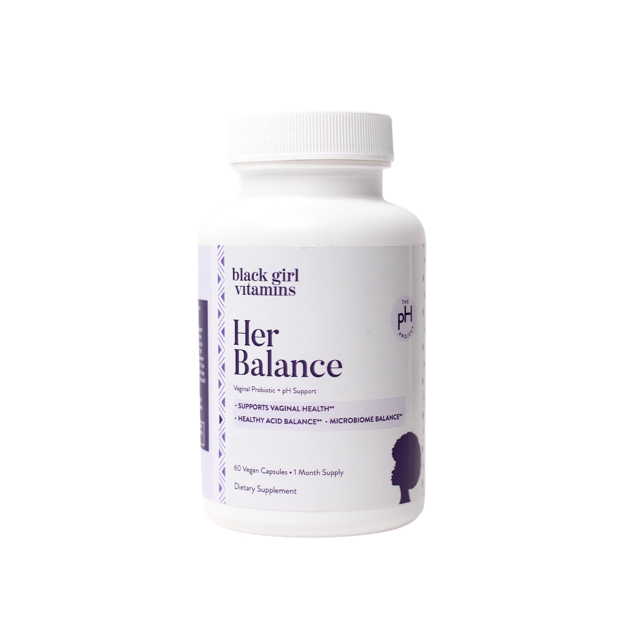 Black Girl Vitamins Her Balance: botella de probióticos para equilibrio vaginal diario.