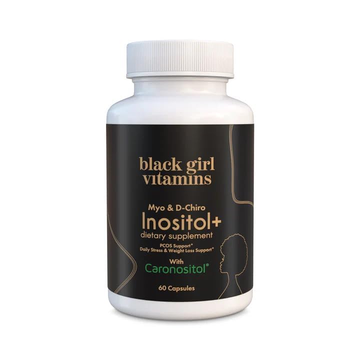 Black Girl Vitamins Inositol, botella muestra cápsulas veganas para equilibrio hormonal.