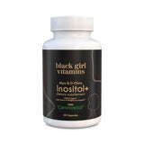 Black Girl Vitamins Inositol, botella muestra cápsulas veganas para equilibrio hormonal.