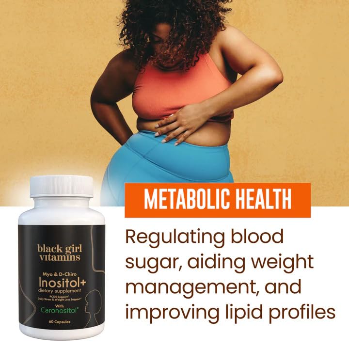 Black Girl Vitamins Inositol, etiqueta clara y atractiva, ingredientes sin gluten ni colorantes artificiales.