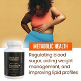 Black Girl Vitamins Inositol, etiqueta clara y atractiva, ingredientes sin gluten ni colorantes artificiales.