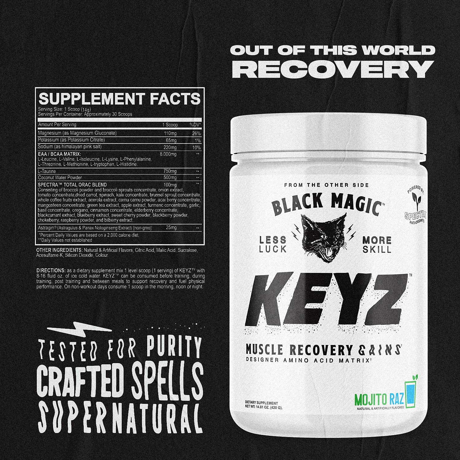 Etiqueta de calidad de Black Magic Keyz, producido en instalación FDA en EE. UU.