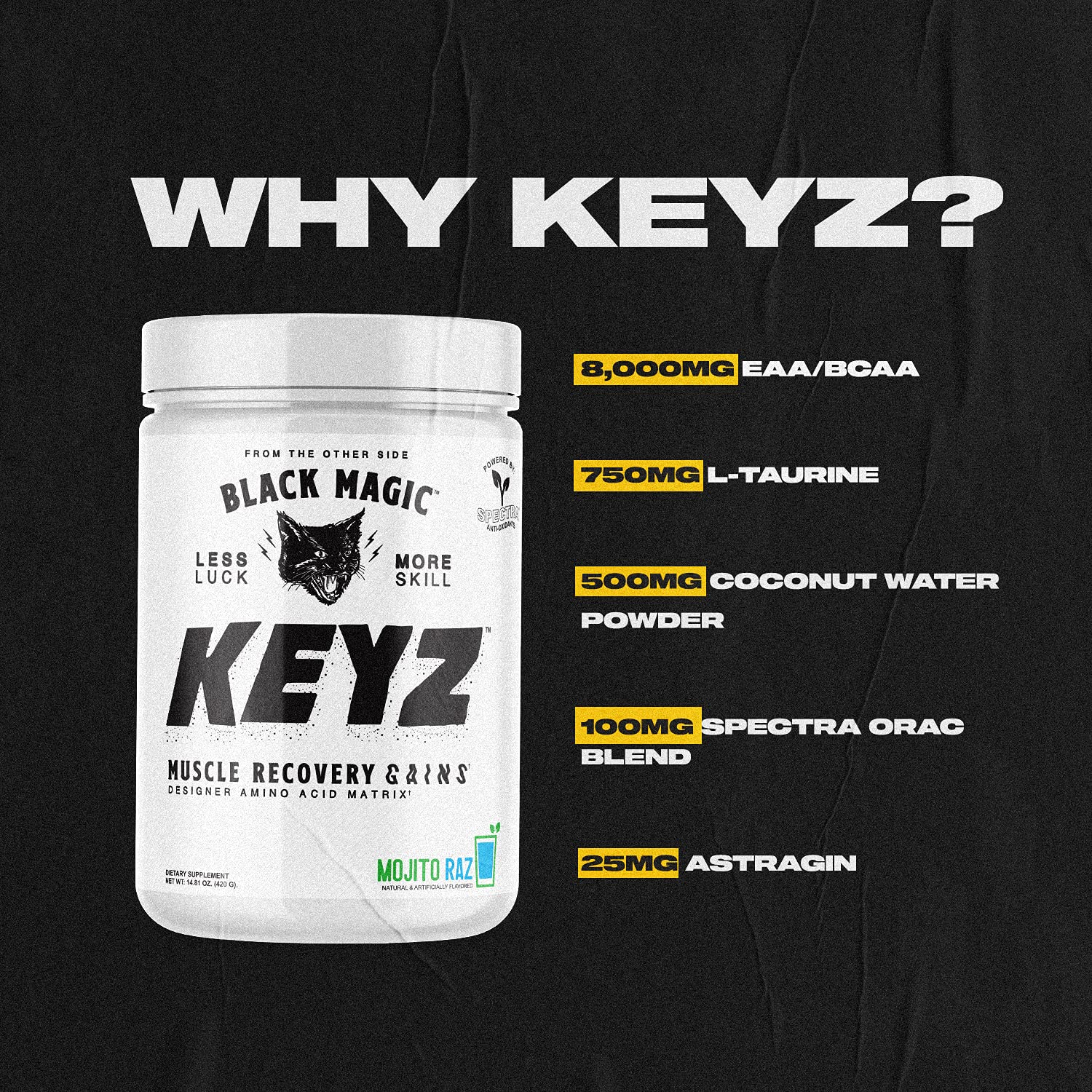 Mezcla en polvo EAA/BCAA de Black Magic Keyz para recuperación muscular.