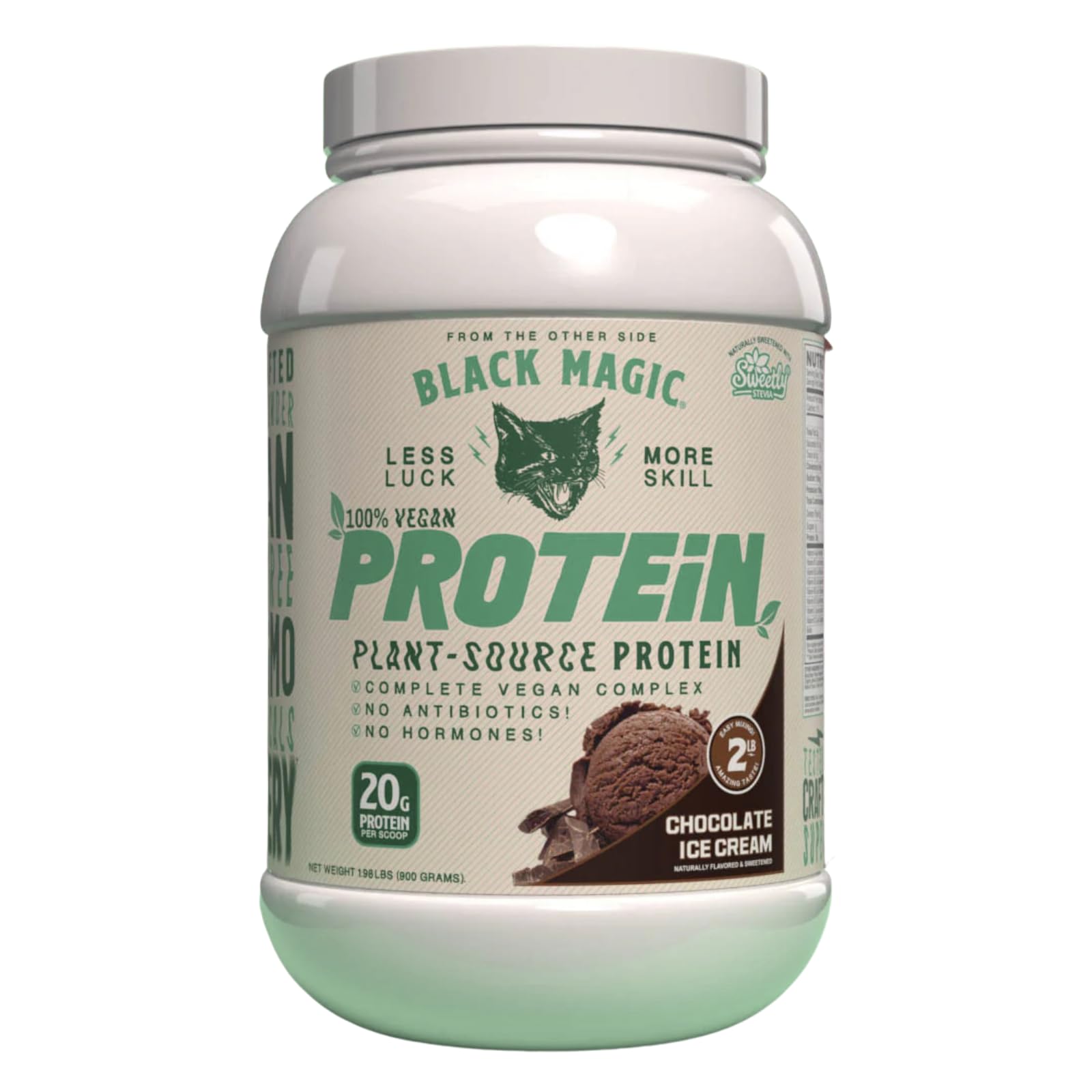 Black Magic proteina vegana 20 g por porción con sabor chocolate helado, ideal para pre entrenamiento