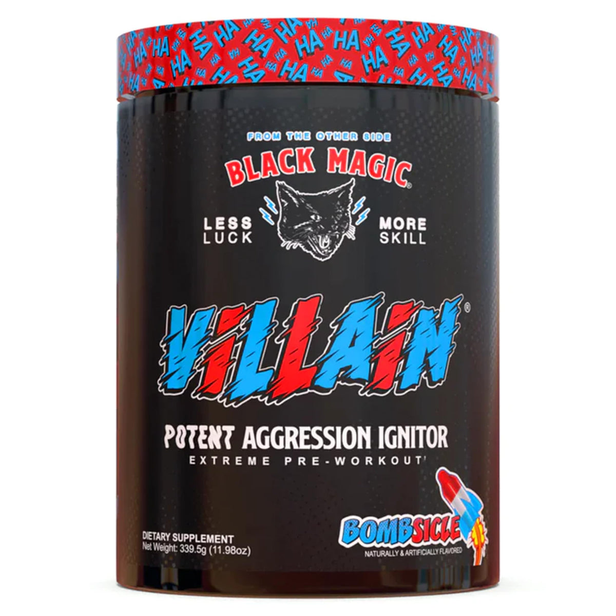 Black Magic Villain, lata Bombsicle, energía para entrenamientos intensos y enfoque claro.