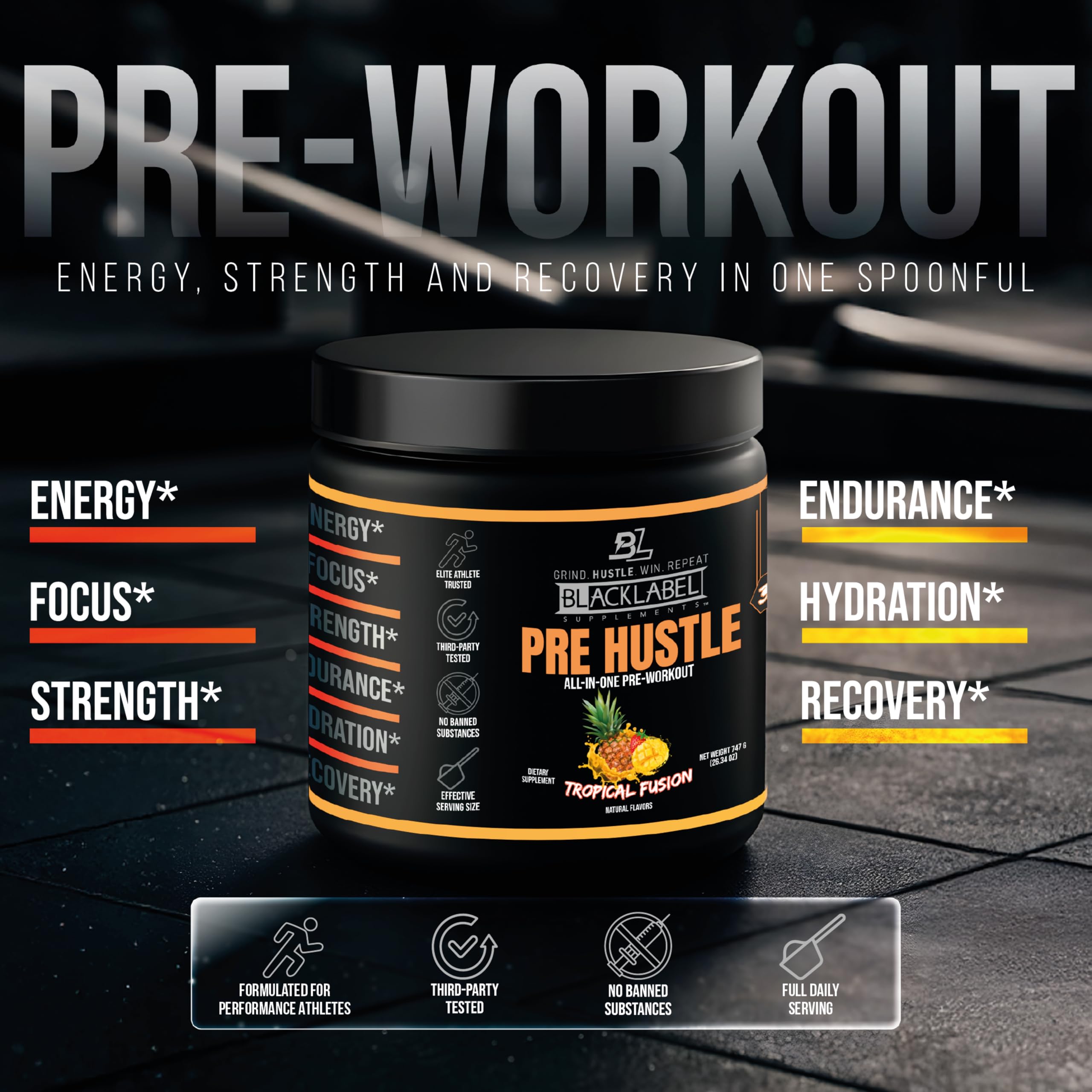 BLACKLABEL PRE Hustle V3 cafeína para mayor enfoque previo al entrenamiento.
